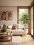 Interior design of cozy modest living room with door to patio