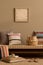 Interior design of ethno living room interior with mock up poster frame, colorful pillows, braided basket, rug, beige book, cup,
