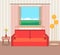 Interior design in flat style of living room with furniture, sofa, flower, lamp and window.