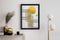 Interior design of harmonized living room with mock up poster frame, shelf, gold lamp, decoration and personal accessories. Beige