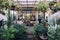 The interior design of the indoor garden coffee shop wooden console, a beautiful composition of plants in pots