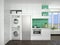 Interior design of kitchen with washing machines.