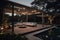 Interior design of a lavish side outside garden at evening, with a teak hardwood deck and a black pergola.