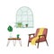 Interior design of living room with armchair, window, table and houseplants. Trendy composition with home decorations