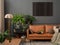 Interior design of living room interior with mock up poster frame, brown sofa, plants, glass sideboard, stool, wooden floor, lamp