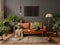 Interior design of living room interior with mock up poster frame, brown sofa, plants, wooden coffee table, lamp, ball, stylish