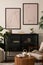 Interior design of living room interior with mock up poster frame, glass sideboard, stylish beige bowl, round coffee table, plants