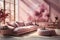 Interior design, living room with large window, pink color. AI generative