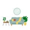 Interior design of living room with sofa, mirror, table and houseplants. Trendy composition with home decorations