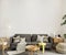 Interior design living room with sofa and wooden-yellow coffee table and other decor  interior mockup