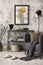 Interior design of loft industrial apartment with gray armchair with mock up poster frame, plaid and pillow, carpet, black consola