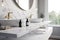 Interior design, marble bathroom. Sinks and window. AI generative