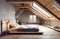 Interior design of modern bedroom in attic with wooden beams, lining and concrete walls. Created with generative AI