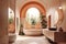 Interior design of modern coral color bathroom with arched wall and ellipse window. Created with generative AI
