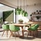 Interior design of modern dining room, wooden table and green chairs 3d rendering