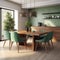 Interior design of modern dining room, wooden table and green chairs 3d rendering