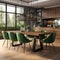 Interior design of modern dining room, wooden table and green chairs 3d rendering