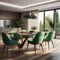 Interior design of modern dining room, wooden table and green chairs 3d rendering