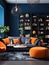 Interior design of modern living room with dark blue walls and orange furniture