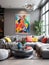 Interior design of modern living room with gray sofas and colorful cushions