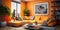 Interior design of modern living room with orange corner sofa