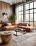 Interior design of modern living room with orange corner sofa. Created with generative AI