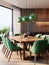 Interior design of modern living room with wooden table and green chairs