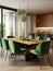 Interior design of modern living room with wooden table and green chairs