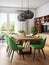 Interior design of modern living room with wooden table and green chairs