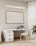 Interior design of a modern, minimalist white private office or home office with a modern white desk