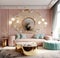 Interior design of modern pink hollywood glam living room with golden elements. Created with generative AI