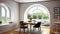 Interior design of modern small dining room with arched window
