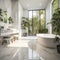 Interior design of modern white bathroom with tiled marble flooring and greenery in house