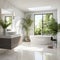 Interior design of modern white bathroom with tiled marble flooring and greenery in house