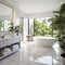 Interior design of modern white bathroom with tiled marble flooring and greenery in house