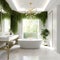 Interior design of modern white bathroom with tiled marble flooring and greenery in house. Created with generative AI