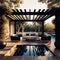 The interior design of an opulent garden features a teak hardwood deck and a black pergola. The scene shifts from morning to