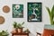 Interior design of retro living room with stylish vintage armchair, shelf, house plants, decoration and two mock up poster frames.