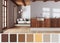 Interior design scene with palette color. Different colors and patterns. Architect and designer concept idea. Japandi wooden