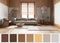 Interior design scene with palette color. Different colors and patterns. Architect and designer concept idea. Japandi wooden