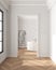 Interior design showcase, classic hallway with parquet and molded walls, modern bathroom with arched brick walls and freestanding