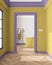 Interior design showcase, classic hallway with parquet and molded walls in yellow and purple tones, modern bathroom with arched