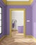 Interior design showcase, classic hallway with parquet and molded walls in yellow and purple tones, modern bathroom with arched