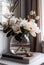 Interior design with a vase and Magnolia flowers on the table. Elements of home decor. AI Generated