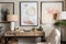 interior designer arranging artwork and accessories to create warm, welcoming space