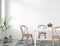 Interior dining room in white background, Scandinavian style with green plants and wooden chairs, mock up wall design