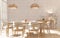 Interior of dining room with white texture cement wall and light entering.