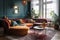 Interior of eclectic living room with cozy colored upholstered chairs, couch and other colorful furniture and items
