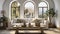 Interior of elegant modern living room in luxury villa. Stylish cushioned furniture, wooden coffee table, houseplants