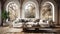 Interior of elegant modern living room in luxury villa. Stylish cushioned furniture, wooden coffee table, houseplants